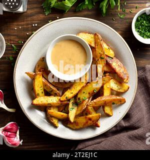 Spicchi di patate al forno con salsa su fondo di legno. Vista dall'alto, base piatta Foto Stock