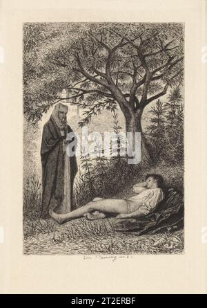 Le Jardinier du Couvent, piatto 3 dell'incisore "The Decameron" Léopold Flameng autore francese Giovanni Boccaccio italiano 1873 Visualizza altro. Le Jardinier du Couvent, piatto 3 del 'Decameron'. Il Decameron. 1873. Incisione. Léopold Flameng (nato in Belgio), Bruxelles 1831–1911 Parigi). Stampe Foto Stock