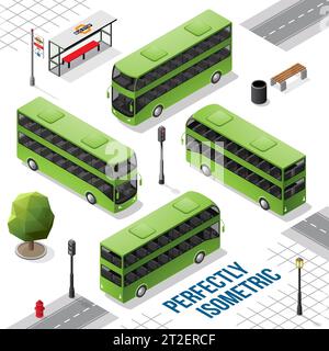 Bus isometrico a due piani verde dalla parte anteriore posteriore destra e sinistra isolato su bianco Illustrazione Vettoriale