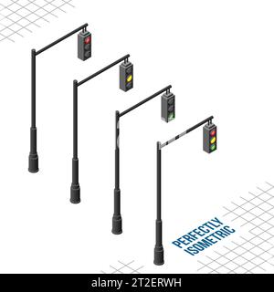 Semafori sospesi isometrici 4 rivolti a destra isolati su sfondo bianco Illustrazione Vettoriale