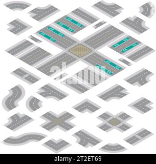 Kit Isometrico per la strada principale e la strada in grigio chiaro isolato su sfondo bianco Illustrazione Vettoriale