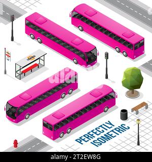Bus isometrico lungo magenta dalla parte anteriore posteriore destra e sinistra isolato su bianco Illustrazione Vettoriale