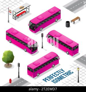 Bus isometrico magenta dalla parte anteriore posteriore destra e sinistra isolato su bianco Illustrazione Vettoriale