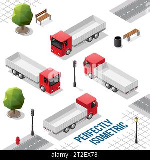 Camion isometrico rosso dalle viste anteriore posteriore destra e sinistra isolate su bianco Illustrazione Vettoriale