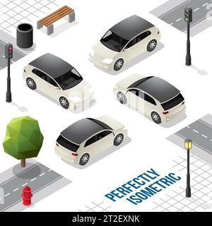 Berlina isometrica bianca e nera dalla parte anteriore posteriore destra e sinistra isolata sul bianco Illustrazione Vettoriale