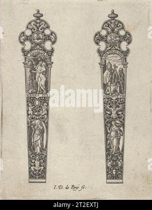 Design per manici a coltello con la tentazione di Adamo ed Eva e una scena Memento Mori Johann Theodor de Bry Netherlandish 1580–1600 pannello con due design a manico a coltello, entrambi con scene sotto archi in alto. Il motivo a sinistra mostra Adamo ed Eva tentati dal serpente, su progetto di Heinrich Aldegrever (Bartsch VIII.363.3). La scena a destra mostra un uomo con una rosa davanti alla figura seduta della morte, mostrato come uno scheletro, ed è basato su un disegno di Jan Saenredam dopo Hendrik Goltzius (Bartsch III.258.123). Entrambi i disegni hanno uno sfondo nero con grottesche. Da una serie di dodici piastre Foto Stock