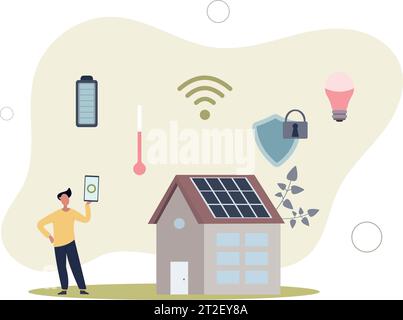 Casa intelligente, amministrazione IOT. Le persone controllano e bloccano l'accesso alle luci e all'elettricità, pannello solare. Illustrazione vettoriale piatta Illustrazione Vettoriale