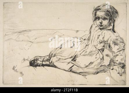 Bibi Valentin James McNeill Whistler American 1859 questa immagine di una giovane ragazza seduta su un letto, che indossa un abito lungo e stivali alti abbottonati, proviene da una serie di ritratti realizzati da Whistler nel 1859. Il soggetto, il cui nome animale era Bibi, era una figlia della famiglia Valentin. Sua madre in seguito scrisse all'artista per ricordargli che vivevano in Rue des Sts. Pères a Parigi, quando fu fatta l'incisione. Dei tre esempi della collezione del Museo (gli altri sono 17.3.43 e 17.21.69), le linee dei punti a secco in questa impressione conservano più bavature, con la lastra accuratamente cancellata. Foto Stock