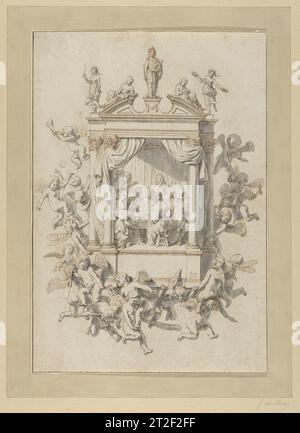 Un gruppo di uomini e donne che suonano musica da camera all'interno di un portico, sormontato da statue di Apollo e figure femminili, e circondato da Putti Jan de Bray Dutch 1652 questo disegno presenta all'interno di un portico classico un gruppo di uomini e donne alla moda che cantano e suonano strumenti musicali, tra cui un clavicord, un liuto a doppia testa e un violoncello. In cima al portico ci sono Apollo con la sua lira e quattro figure femminili: Una, probabilmente Venere, ha un cuore fiammeggiante ed è accompagnata da Cupido (un riferimento alla lunga associazione di musica e amore); le altre tre (forse muse classiche) tengono un Foto Stock