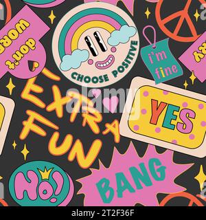 90 Cool Sticker Collage Pattern senza cuciture. Millennium, sfondo Funky con patch retrocolorate. Cartoon Fun Smile Faces, y2k Vector Illustration. . Illustrazione vettoriale Illustrazione Vettoriale