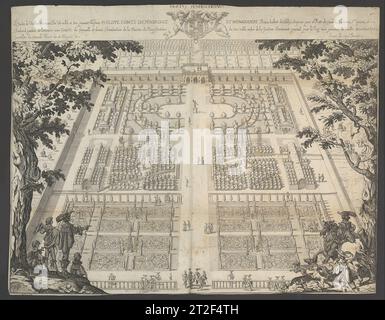 Wilton Garden, piastra 1, designer Isaac de Caus, British Etcher Peter stent, editore britannico Thomas Rowlett, British CA. 1640 il giardino di Wilton House (Wiltshire), famoso oggi per il suo paesaggio del XVIII secolo contenente il primo ponte palladiano dell'Inghilterra, fu originariamente progettato a metà degli anni '1630 dal francese Isaac de Caus (attivo 1623-55). Fu commissionata da Philip Herbert, quarto conte di Pembroke, figura fondamentale dei circoli intellettuali a corte, a cui apparteneva l'architetto Inigo Jones (1573-1652). Riconosciuto per aver portato lo stile classico in Inghilterra, Jones m Foto Stock