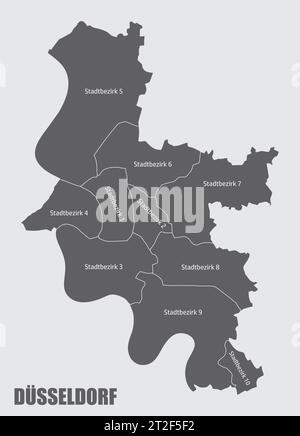 Mappa amministrativa della città di Dusseldorf isolata su sfondo grigio, Germania Illustrazione Vettoriale