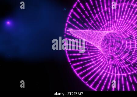 rendering 3d della griglia del tunnel luminoso con stelle distanti Foto Stock