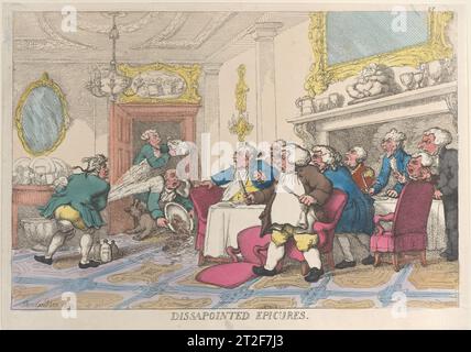 Delusi epicures Thomas Rowlandson British Publisher Thomas Tegg British 1809 a destra, otto anziani uomini si alzano dalle loro sedie di sorpresa per guardare con rabbia un incidente causato da un cane che ha inciampato un servo sulla porta, facendogli spillare il contenuto di un piatto da portata, il che ha poi causato l'uomo dietro a versare del liquido da un tureen. A sinistra, un terzo servo, distratto dall'incidente, spruzza il contenuto di una bottiglia di birra di abete rosso sugli altri due servitori. Visualizza altro. Epicure deluse. Thomas Rowlandson (British, Londra 1757–1827 Londra). 1809. Hand-colo Foto Stock