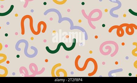 Divertente sfondo astratto colorato in stile doodle. Semplice sfondo da scarabocchiare infantile. Fantasia minimalista e creativa disegnata a mano con vivaci elementi carini Illustrazione Vettoriale