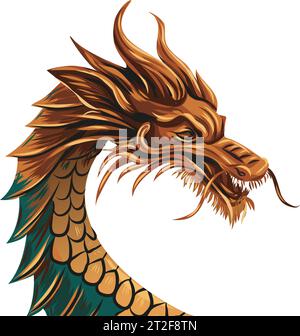 Gold Dragon. Banner di Capodanno. Poster vettoriale Golden Dragon. 2024 simboli cinesi del Capodanno cinese - drago. Animale magico Illustrazione Vettoriale