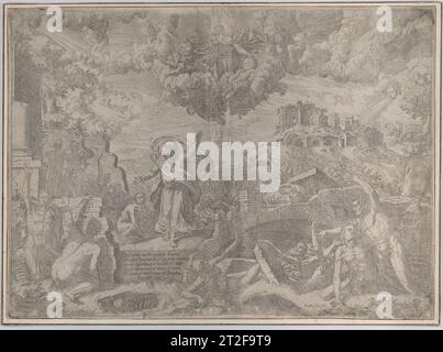 La visione di Ezechiele, con i morti che si alzano e mettono sulla loro carne, Dio padre in alto nel cielo Giovanni Battista Fontana Editore italiano Raphael Saitel 1579 Vedi tutto. La visione di Ezechiele, con i morti che si alzano e mettono sulla loro carne, Dio padre sopra nel cielo. Giovanni Battista Fontana (italiano, ca. 1524-1587). 1579. Incisione. Raphael Saitel (italiano, attivo ca. 1579). Stampe Foto Stock