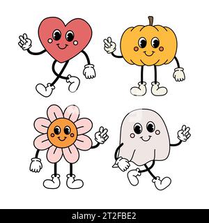 Personaggi retrò dei cartoni animati Vector Groovy di halloween isolati su sfondo bianco Illustrazione Vettoriale