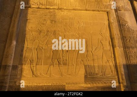 Disegni all'interno del tempio di Kom Ombo di notte illuminato, il tempio dedicato agli dei Sobek e Horus. Città di Kom Ombo vicino ad Aswer, Egitto Foto Stock