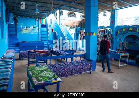 Una giovane donna con un vestito rosso che sale alcune scalinate colorate che salgono su una splendida terrazza di una tradizionale casa blu in un villaggio nubiano vicino Foto Stock