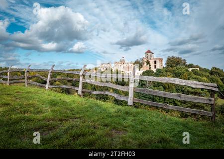 Castello di Tenczyn a Rudno, sul sentiero dei nidi delle Aquile. Una fortezza splendidamente posizionata. Recinzione in legno di un pascolo in primo piano. Kraków-Często Foto Stock