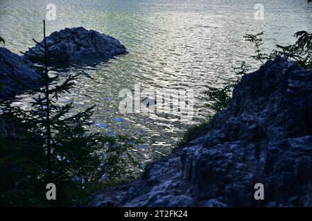 Ultima luce del tardo pomeriggio sulle piccole onde delle acque del lago di Braies Foto Stock