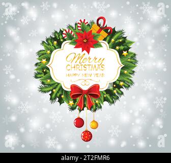 Banner dorato con testo di buon Natale decorato con dettagli natalizi con fiori rossi. Illustrazione Vettoriale