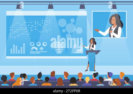 Conferenza scientifica e conferenza di relatore in illustrazione vettoriale dell'auditorium. Cartoni animati studentesse di formazione scienziata su eventi scientifici o simposio, discorso di presentazione della professoressa sul palco Illustrazione Vettoriale