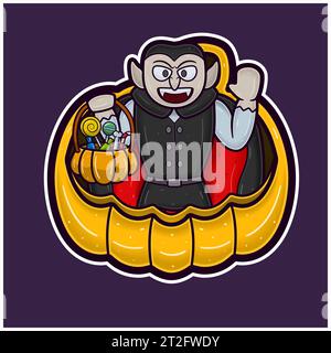 Dracula su Big Pumpkin Cartoon. Halloween Sticker Logo. Vettori e illustrazioni. Illustrazione Vettoriale