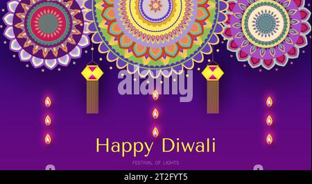 Biglietto d'auguri per il festival di Diwali con bellissimi rangoli e diya. Illustrazione Vettoriale