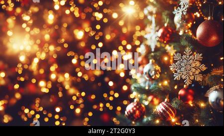 sfondo natalizio con un albero di natale, ornamenti a globo e luci sfocate su una tonalità calda Foto Stock