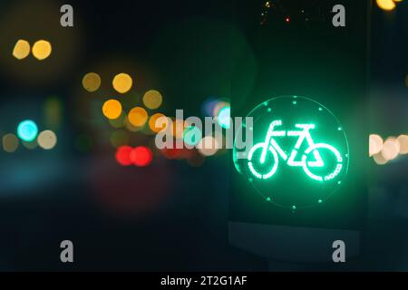 Bicicletta verde con segnale luminoso sul semaforo della strada, strada carrabile, incrocio serale, oscurità città tedesca. Vai avanti Foto Stock