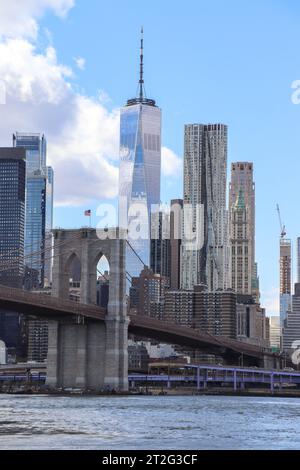 Una foto dello skyline di Downtown New York scattata dalle cime di Brooklyn. Foto Stock