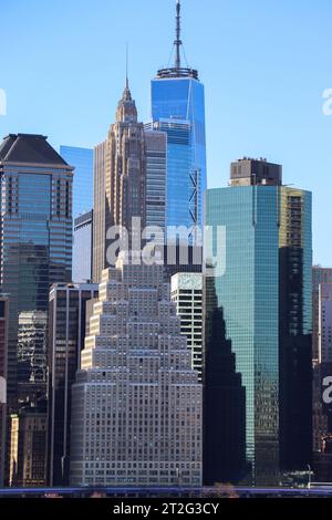 Una foto dello skyline di Downtown New York scattata dalle cime di Brooklyn. Foto Stock