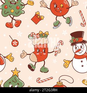 Pupazzo di neve, albero di Natale e calze danzanti, palla sta pattinando. Simpatici personaggi in stile cartoni animati retrò. Maglione brutto a maglia. Motivo senza cuciture per wal Illustrazione Vettoriale