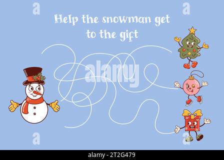 Gioco educativo natalizio per bambini. Aiuta Snowman a trovare un regalo. Danza sull'albero di Natale, la palla è pattinare. Simpatici personaggi in stile cartoni animati retrò. gioco Illustrazione Vettoriale