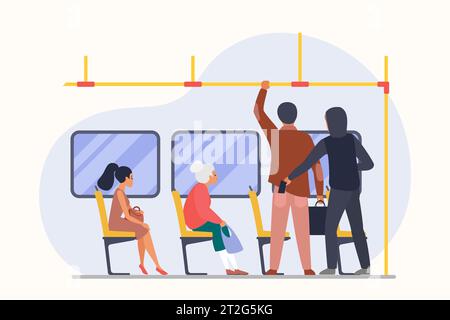 Illustrazione del furto di denaro nel trasporto pubblico. Ladro di cartoni animati seduto al posto con i passeggeri all'interno della metropolitana, del treno o dell'autobus, personaggio borseggiatore che rubano il portafoglio dalla tasca delle vittime maschili Illustrazione Vettoriale