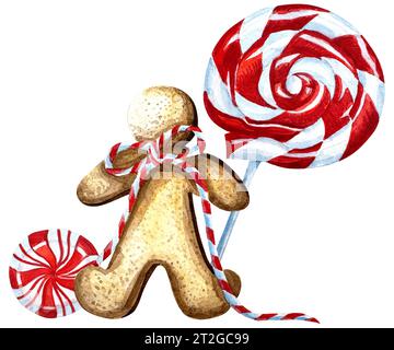 Biscotti al pan di zenzero, caramelle alla menta e lecca-lecca. Illustrazione acquerello. Dipinto a mano isolato su sfondo bianco. Cartoline per le vacanze. Foto Stock
