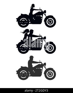 Serie di sagome vettoriali di conducenti e passeggeri di una motocicletta classica. Vettore. Illustrazione Vettoriale