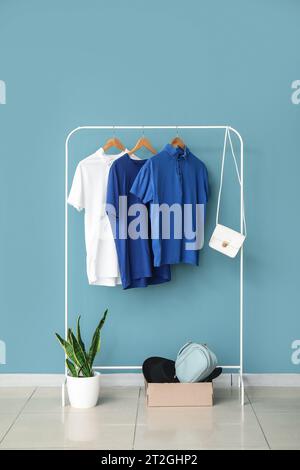 Rack with stylish clothes, accessories and houseplant near color wall Stock Photo