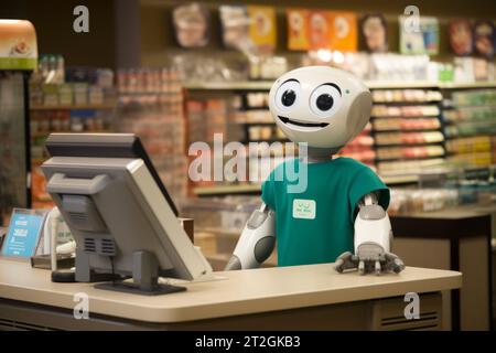 Robot di fronte al registratore di cassa che guarda la fotocamera pronta per servire i clienti in un supermercato Foto Stock