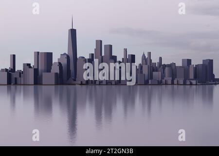 Vista del centro di New York, New York, zona di Lower Manhattan durante il tramonto o l'alba. Illustrazione a bassa poli di edifici scuri con riflesso dell'acqua. Concetto Foto Stock