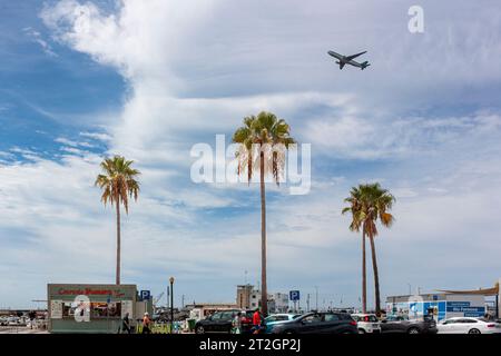 Aereo nel cielo sopra le palme a Faro, Portogallo Foto Stock