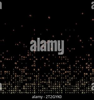 Accattivante sfondo a matrice in colori rosa/giallo. Griglia di simboli tibetani casuali. Illustrazione vettoriale quadrata moderna. Illustrazione Vettoriale