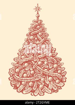 Abete disegnato a mano decorato con tinsel e palle in stile vintage. Buon Natale e felice anno nuovo Illustrazione Vettoriale