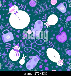 Pupazzo di neve senza cuciture e fiocchi di neve e tazza di tè e mele per confezionare carta, tessuti e biancheria e accessori per l'anno nuovo Foto Stock