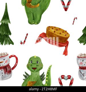 Modello ad acquerello di drago carino con caramelle natalizie, torta, stella, cacao con marshmallow in tazza di pupazzo di neve. Simbolo del 2024, Natale carino, intimo Foto Stock