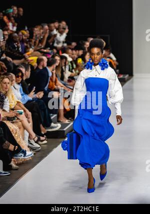 Johannesburg, Sudafrica. 19 ottobre 2023. Un modello presenta una creazione delle collezioni Autunno/Inverno 2024 del collettivo Bam durante la settimana della moda sudafricana a Johannesburg, in Sudafrica, il 19 ottobre 2023. Crediti: Zhang Yudong/Xinhua/Alamy Live News Foto Stock