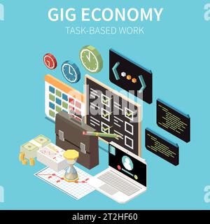 Composizione isometrica GIG Economy con icone di lavoro basate su attività dell'orologio da fare elenca schermate di computer illustrazioni vettoriali Illustrazione Vettoriale