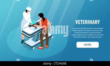 Banner isometrico del sito Web della Vet Clinic con iniezione veterinaria a illustrazione vettoriale gatto Illustrazione Vettoriale